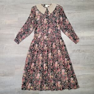 Huntington Ridge VTG Midi Dress Edwardian Lace Frock Medium Dark Floral Pockets